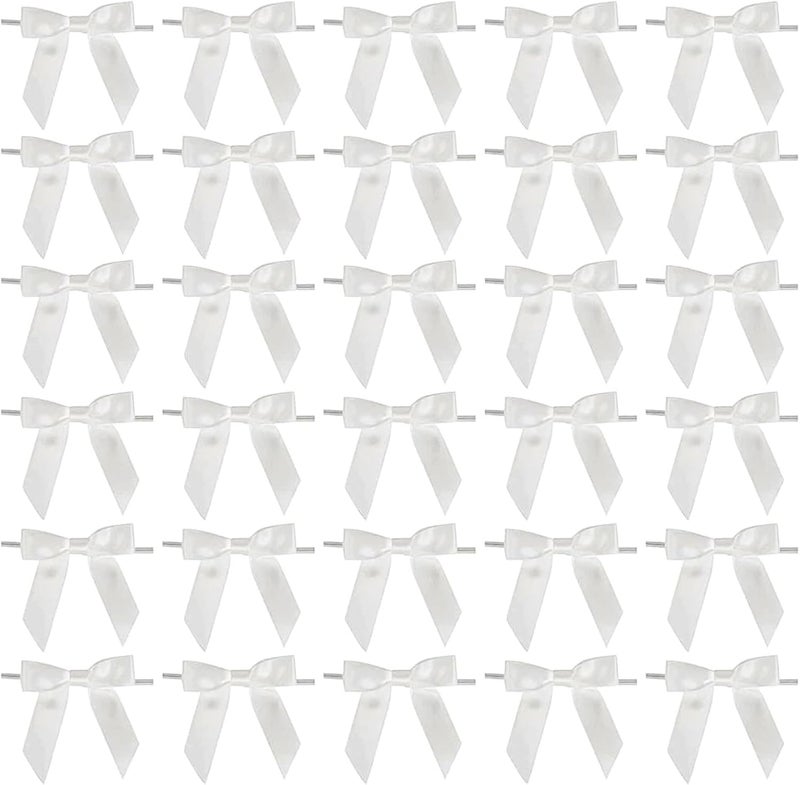 Sokfone Satin Ribbon White Bow Decor 2.5" Premade Pink Twist Tie Bows for Gift Wrapping Treat Bags Party Favors Wedding Decorations - 50 Counts - Image 4
